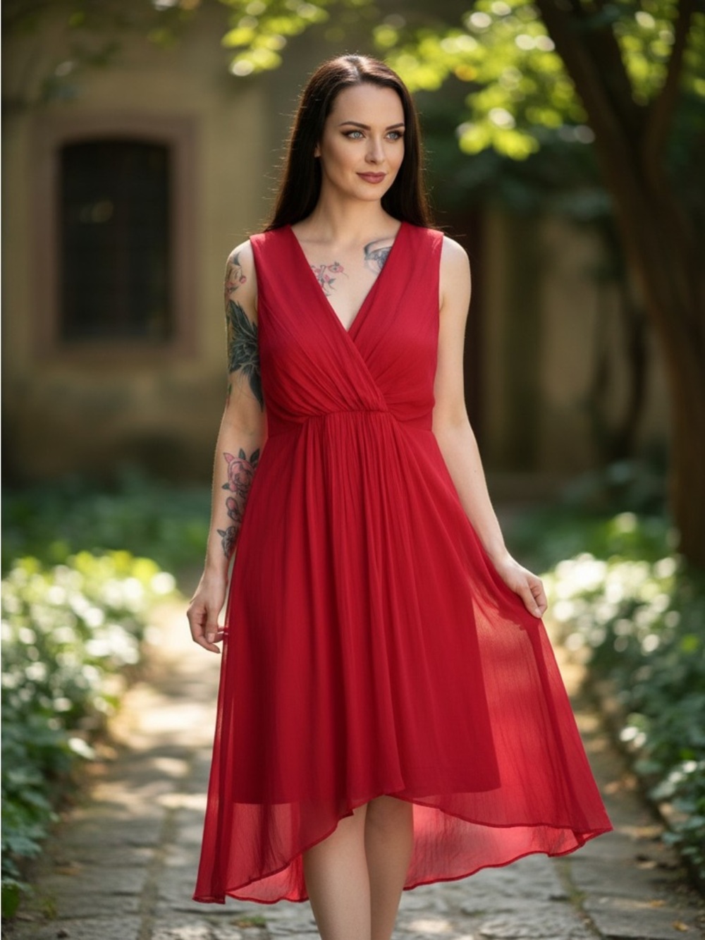 Soft Surroundings Charmonte Red Chiffon Crinkle Maxi Dress V-Neck Boho Feminine